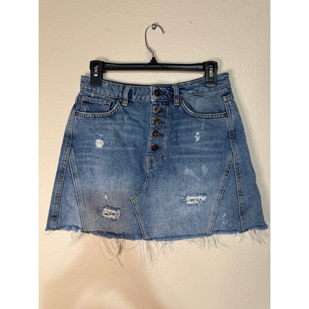 We The Free Free People Denim Mini Skirt Distressed Button Fly Blue Size 28